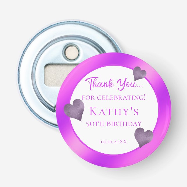 50th Birthday Party Favour Purple Hearts Bottle Opener (Front)
