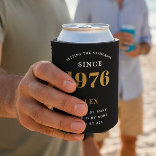 50th Birthday Party Favours Can Cooler (50th birthday black and gold can cooler in a and with a beach background.)