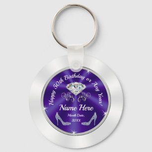 50th Birthday Party Favours, Purple, Silver, White Key Ring