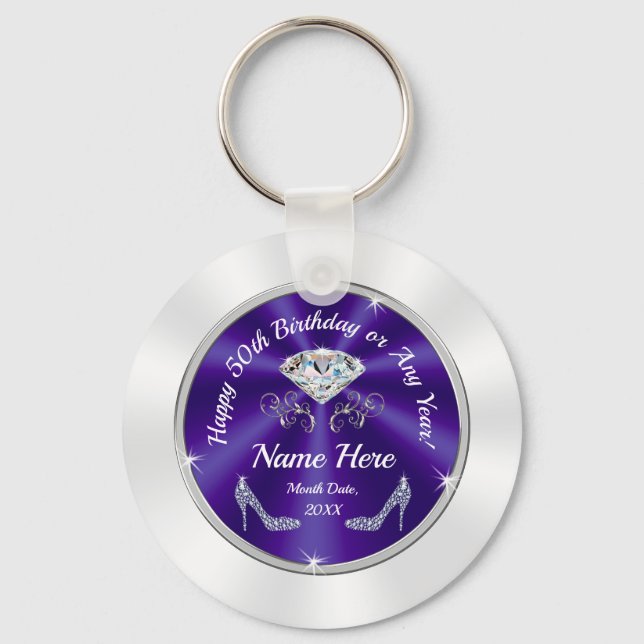 50th Birthday Party Favours, Purple, Silver, White Key Ring (Front)