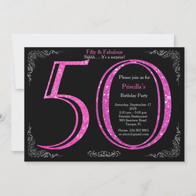 50th,Birthday party, fifty, Gatsby, black silver Invitation (Front)