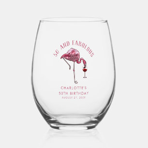 50th Birthday Party Flamingo Novelty Custom Stemless Wine Glass