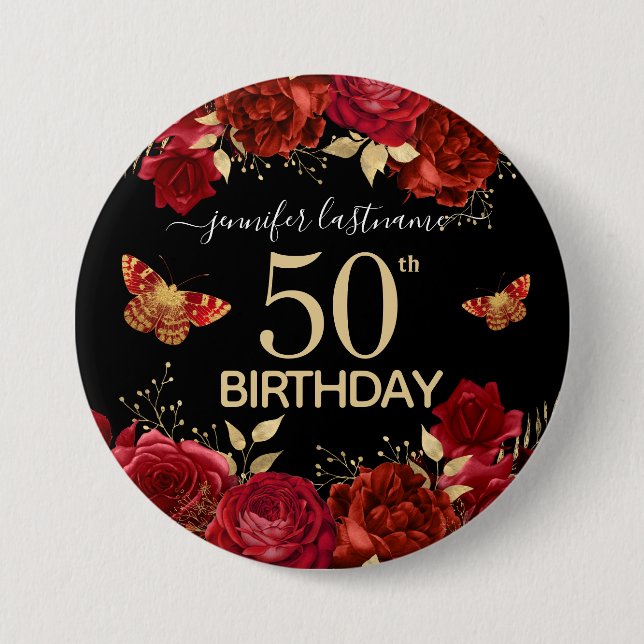 50th Birthday Party Floral Butterfly Button (Front)