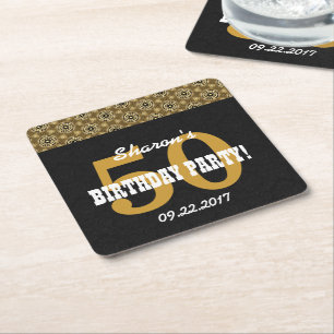 50th BIRTHDAY PARTY For Her Black and Gold H04BZ Square Paper Coaster