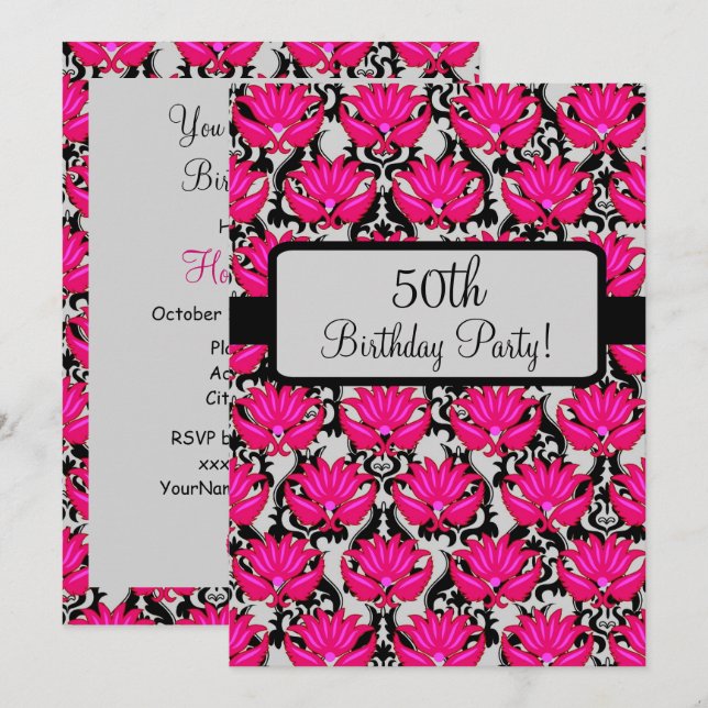 50th Birthday Party Fuchsia Pink Black Damask  Invitation (Front/Back)