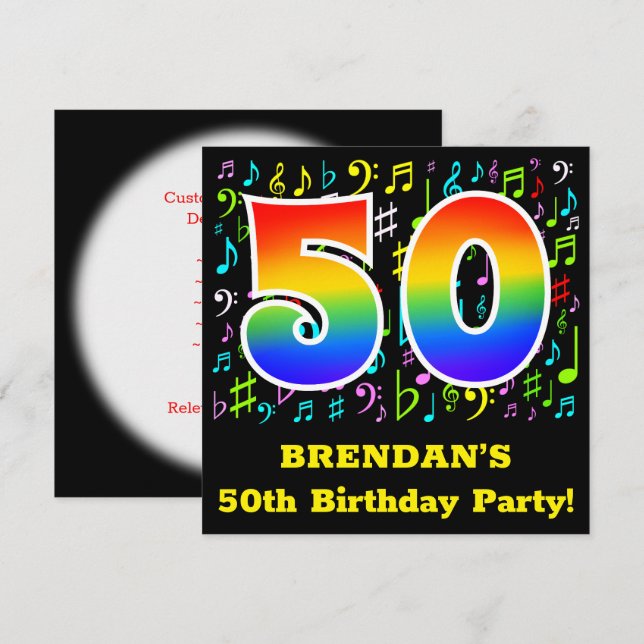 50th Birthday Party: Fun Music Symbols, Rainbow 50 Invitation (Front/Back)