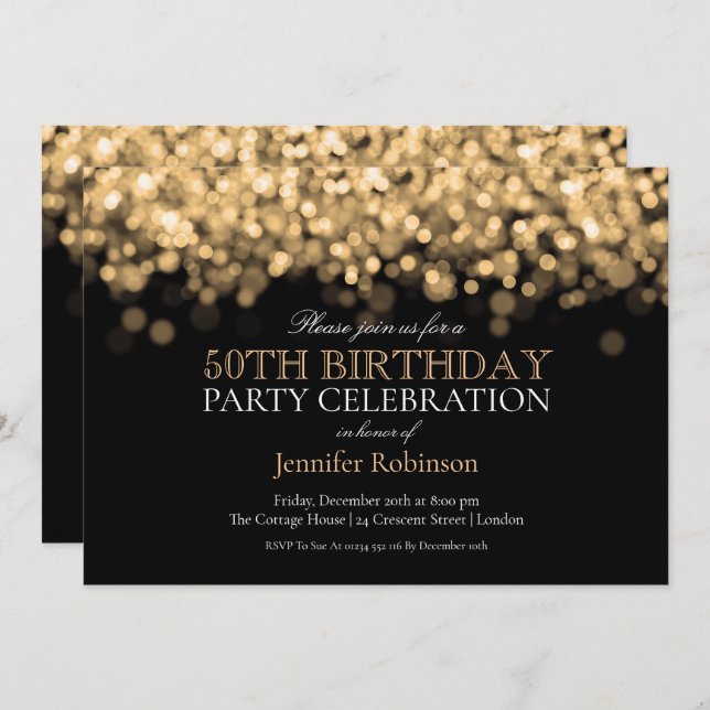 50th Birthday Party Glam Gold Lights Invitation (Front/Back)
