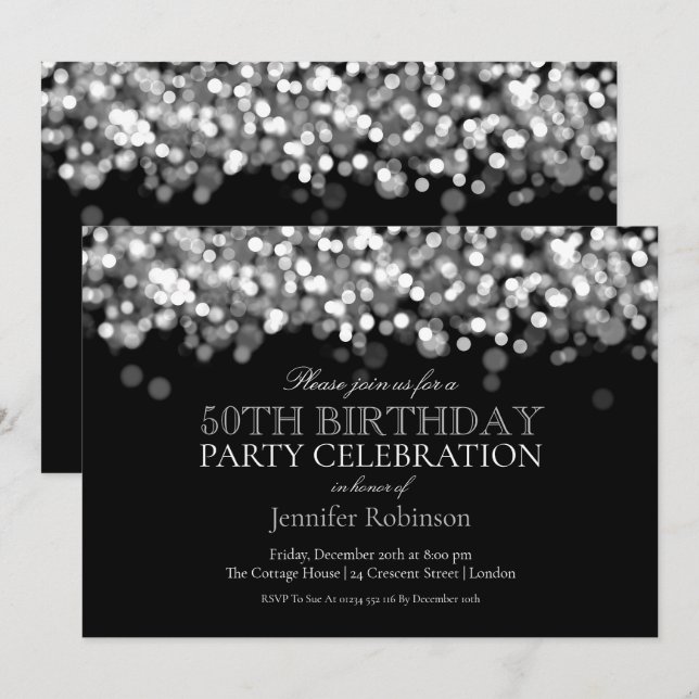50th Birthday Party Glam Silver Lights Invitation (Front/Back)