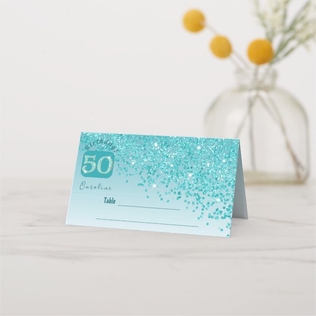 50th Birthday Party Glam Teal Blue Glitter Place Card (Front)