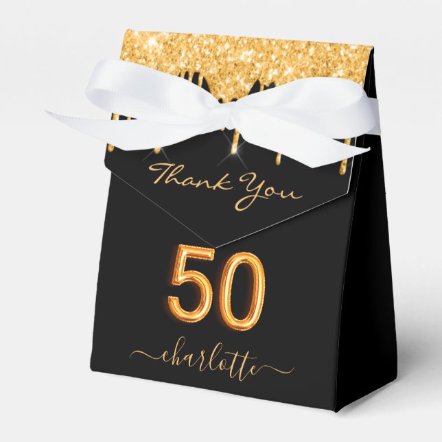 50th birthday party glitter black gold sparkle favour box (Front Side)