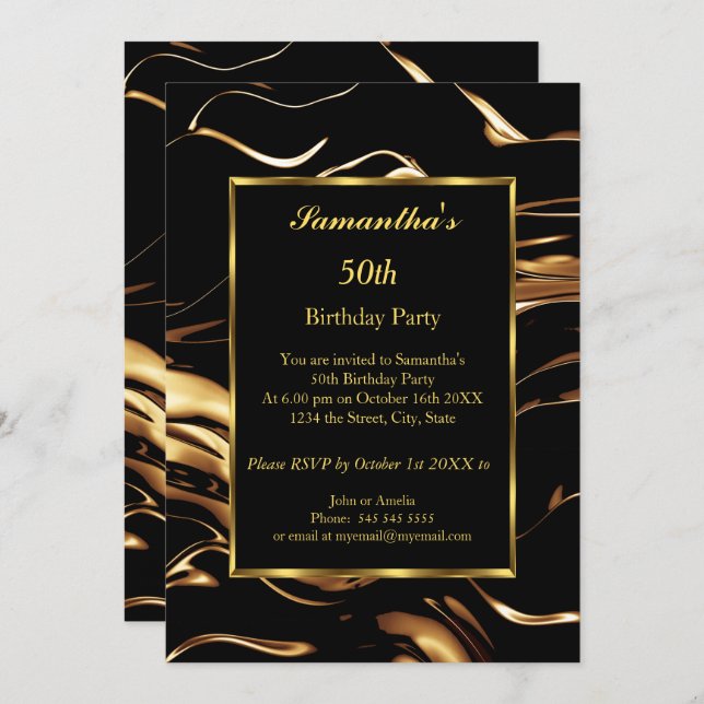 50th Birthday Party Gold Black Abstract Invitation (Front/Back)