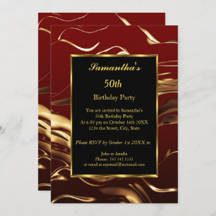 50th Birthday Party Gold Black Burgundy Abstract Invitation