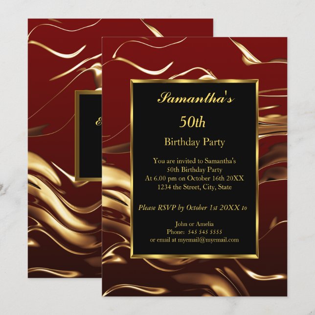 50th Birthday Party Gold Black Burgundy Abstract Invitation (Front/Back)