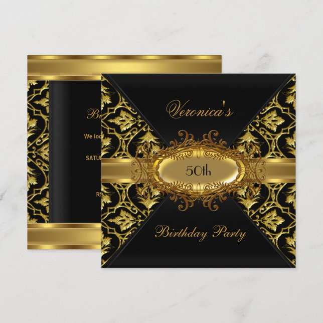 50th Birthday Party Gold Black Damask invite (Front/Back)