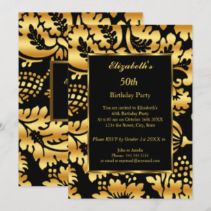 50th Birthday Party Gold Black Floral Invitation