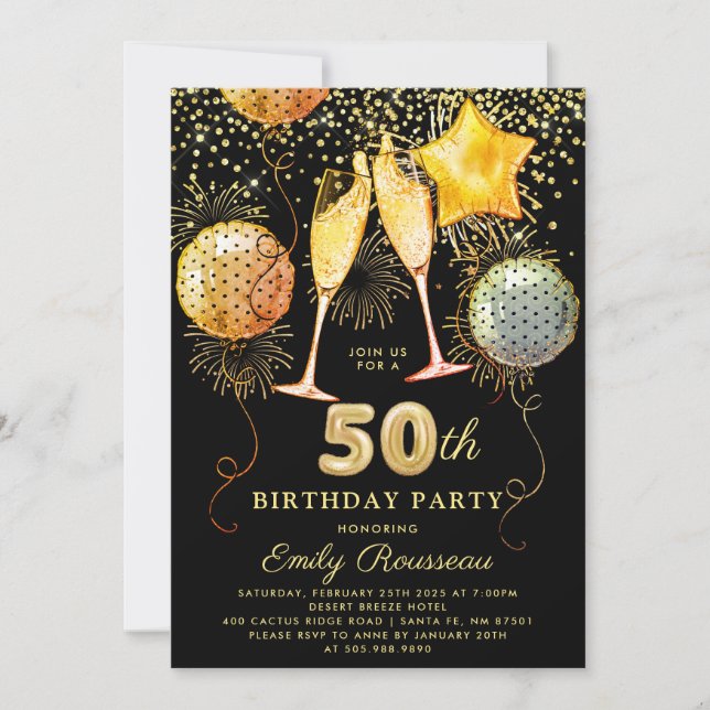 50th Birthday Party Gold Black Glitter Confetti  Invitation (Front)