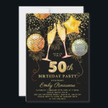 50th Birthday Party Gold Black Glitter Confetti  Invitation<br><div class="desc">A dynamic bold 50th birthday party invitation featuring champagne glasses,  balloons and gold glitter confetti,  gold on black. Faux gold foil on the the back of the invite.</div>