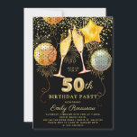 50th Birthday Party Gold Black Glitter Confetti  Invitation<br><div class="desc">A dynamic bold 50th birthday party invitation featuring champagne glasses,  balloons and gold glitter confetti,  gold on black. Faux gold foil on the the back of the invite.</div>