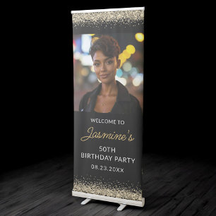 50th Birthday Party Gold Black Glitter Photo Retractable Banner