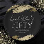 50th Birthday Party Gold Black Look Who's Paper Plate<br><div class="desc">Elegant Faux gold foil paint splatters design. All text is adjustable and easy to change for your own party needs. Great elegant 50th birthday template design. Fancy Birthday party Napkins. Black and gold</div>