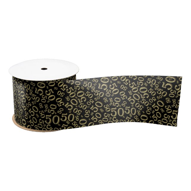 50th Birthday Party Gold/Black Number Pattern Satin Ribbon (Spool)