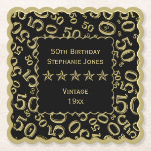 50th Birthday Party Gold/Black Pattern Theme Paper Coaster