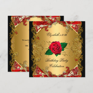 50th Birthday Party Gold Black Red Roses Invitation