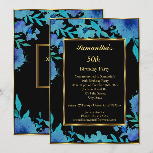50th Birthday Party Gold Blue Flower Floral Invitation