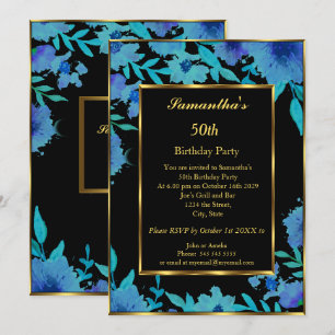 50th Birthday Party Gold Blue Flower Floral Invitation