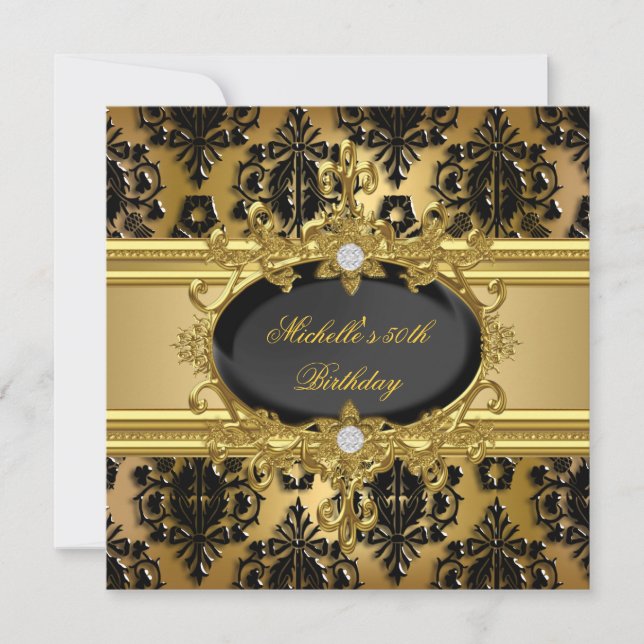 50th Birthday Party Gold Damask Black 2 Invitation (Front)
