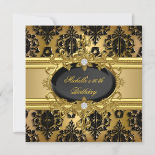 50th Birthday Party Gold Damask Black 2 Invitation