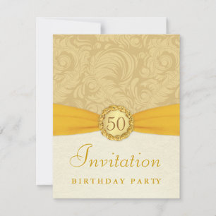 50th Birthday Party - Gold Damask with Monogram Invitation