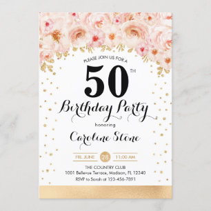 50th Birthday Party - Gold Flowers Invitation