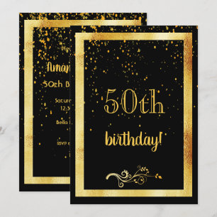 50th birthday party gold frame black invitation