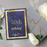 50th birthday party gold frame blue invitation<br><div class="desc">A festive and elegant 50th birthday party invitation card. A dark midnight blue background colour and a faux gold frame. With a golden confetti rain. The blue colour is uneven. On front the text: 50th birthday! and a floral faux gold decor.
Back: Templates for your party information,  golden letters.</div>