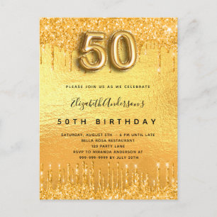 50th birthday party gold glitter drips invitation postcard