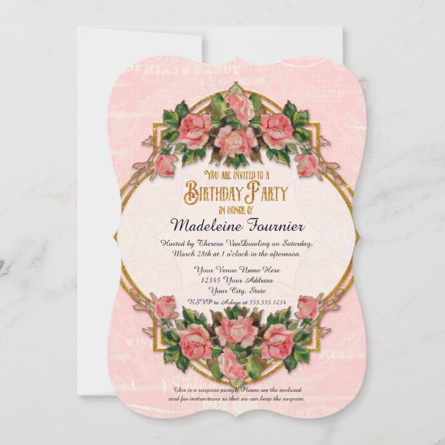 50th Birthday Party Gold Glitter Vintage Roses Invitation (Front)