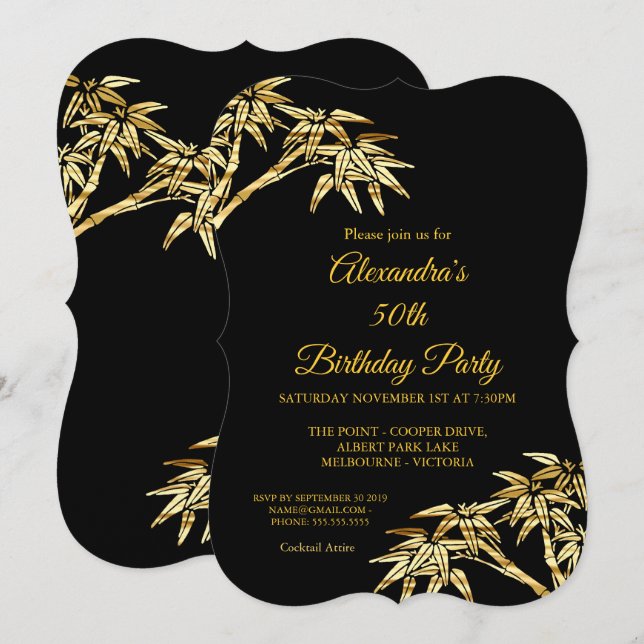 50th Birthday Party Gold Golden Bamboo Black Invitation (Front/Back)