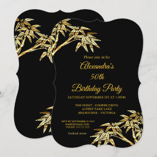 50th Birthday Party Gold Golden Bamboo Black Invitation