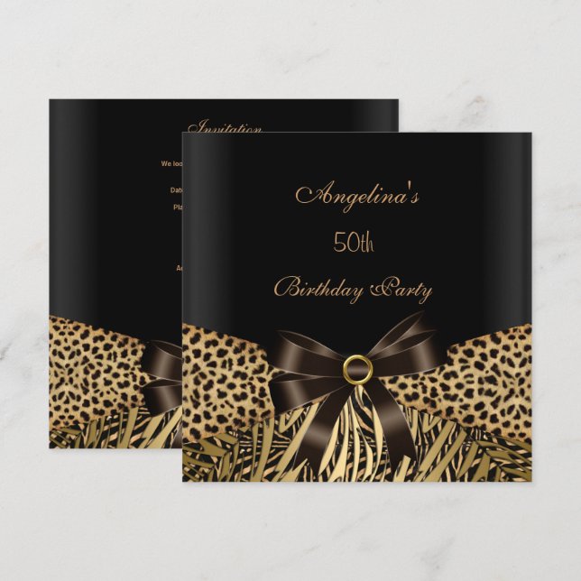 50th Birthday Party Gold Leopard Brown Black Invitation (Front/Back)