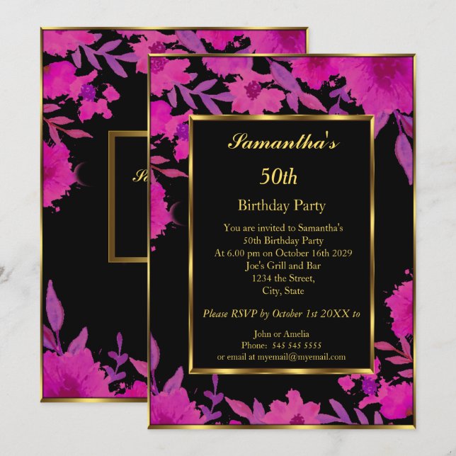 50th Birthday Party Gold Pink Flower Floral  Invitation (Front/Back)