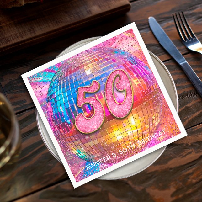 50th Birthday Party Gold Pink Glitter Disco Ball Napkin (Creator Uploaded)