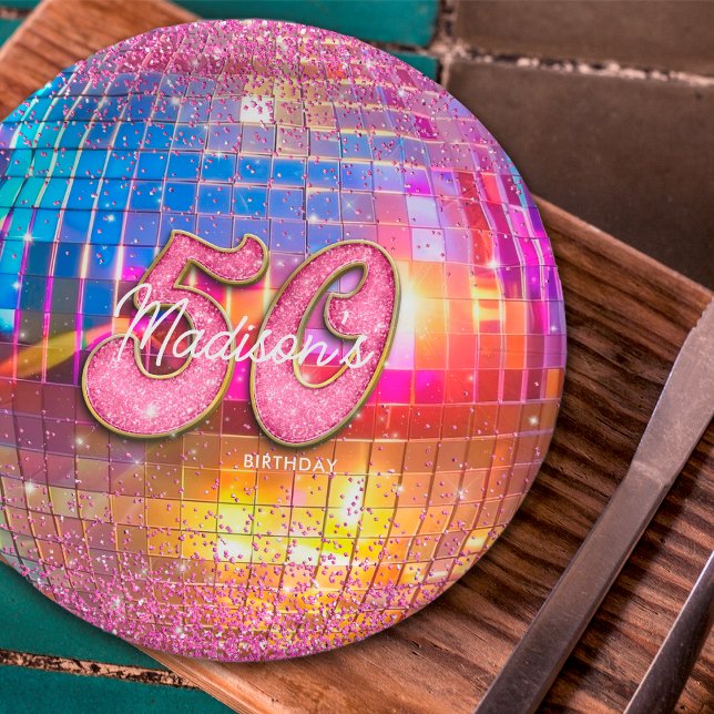 50th Birthday Party Gold Pink Glitter Disco Ball Paper Plate (Creator Uploaded)