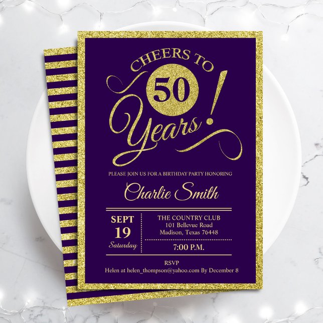 50th Birthday Party - Gold Purple ANY AGE Invitation (Creator Uploaded)