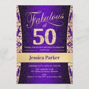 50th Birthday Party - Gold Purple Invitation