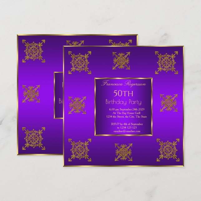 50th Birthday Party Gold Purple Invitation (Front/Back)