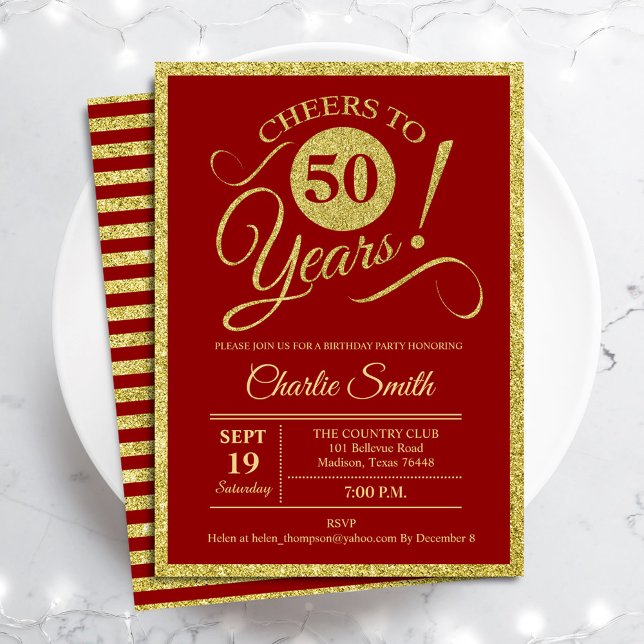 50th Birthday Party - Gold Red ANY AGE Invitation (Creator Uploaded)