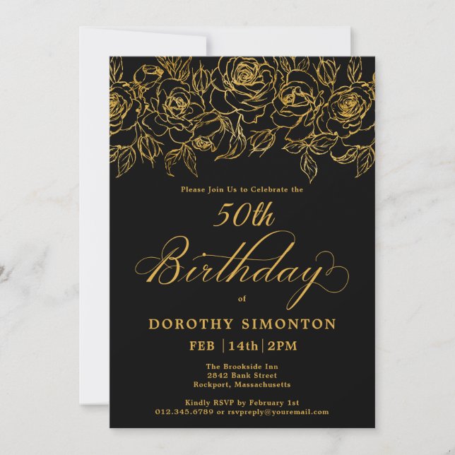 50th Birthday Party Gold Rose Floral Black Invitation (Front)