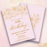50th Birthday Party Gold Rose Floral Blush Pink Invitation<br><div class="desc">Elegant open line gold roses create the perfect top border. The blush pink background gives in a feminine aesthetic and the calligraphy adds a luxe touch. This invitation is part of the Luxe Gold Rose Collection. It contains templates for birthday suite stationery,  welcome signs and party decorations.</div>