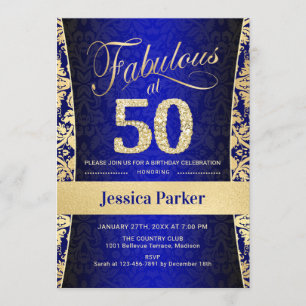50th Birthday Party - Gold Royal Blue Invitation